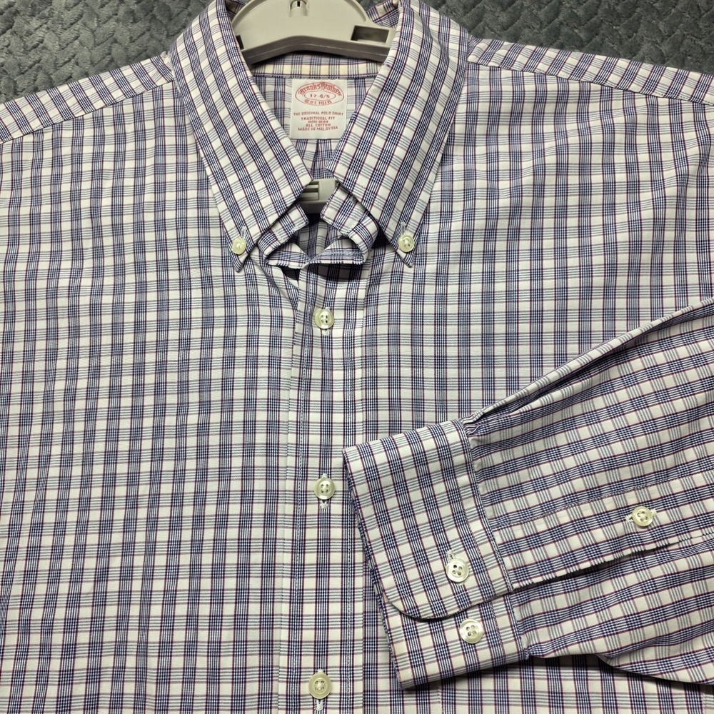 Brooks Brothers Men's XL Button Down Dress Shirt Blue White Plaid 17 4/5 No Iron